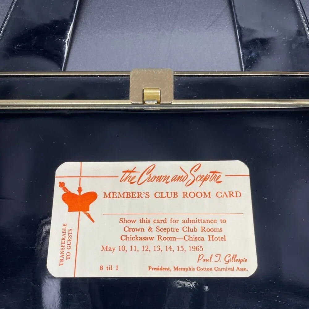 Vintage Black Patent Leather Handbag Gold Tone Memphis Cotton Carnival 1965 Card - Picture 6 of 10
